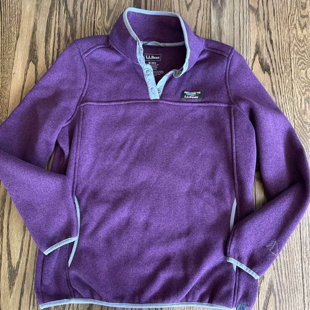 L.L.Bean Fleece Pullover Women Medium Purple & Gray Snap Collar Outdoor Sweater